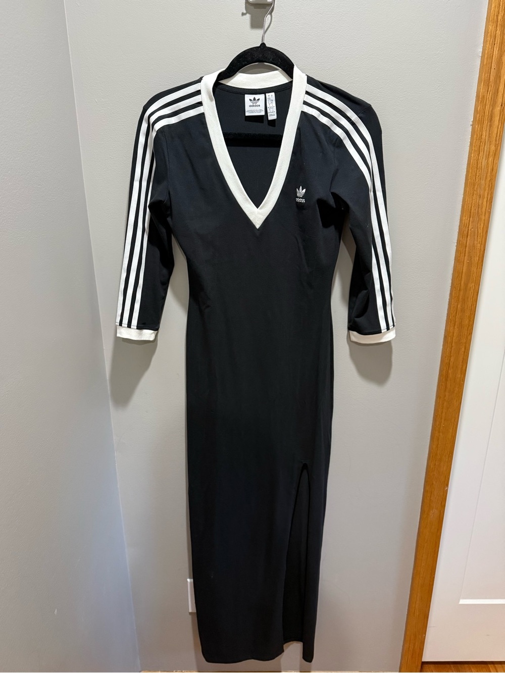 adidas Black Maxi Dress with White V-Neck & Three Stripes